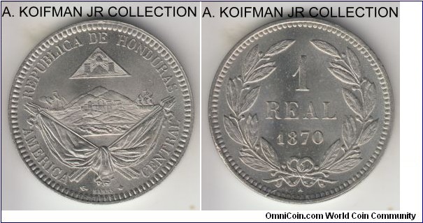 KM-33, 1870 Honduras real; copper-nickel, plain edge; 2-year type, scarce in high grades, good uncirculated grade.