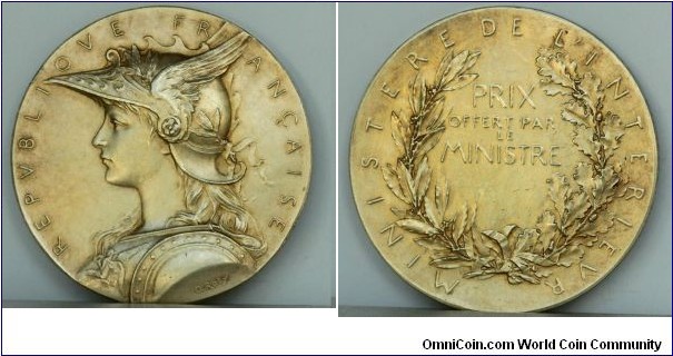 France Medal Minister of the interior. O. Roty Vermeil 51.5 mm 67 gr.  