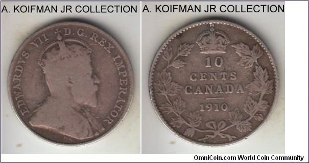 KM-10, 1910 Canada 10 cents; silver, reeded edge; Edward VII, last year, well circulated, very good or so.