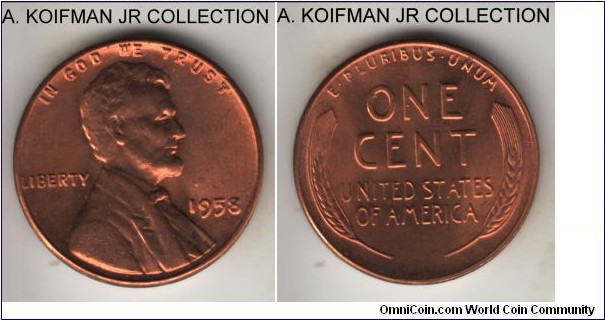KM-201, 1958 United States cent, Philadelphia mint (no mint mark); bronze, plain edge; nice red uncirculated condition.