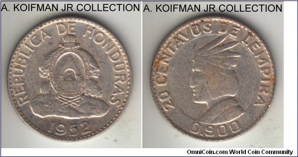 KM-73, 1952 Honduras 20 centavos de lempira, Philadelphia mint (no mint mark); silver, reeded edge; extra fine or so.