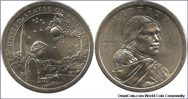 USA 1 Dollar 2019P - Native American $1 serie; Mary Golda Ross writing calculations.
