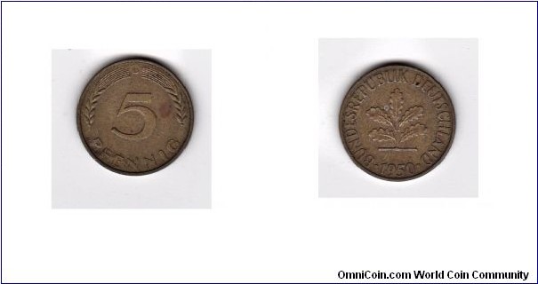 1950-D FEDERAL REPUBLIC OF GERMANY 5 PFENNIG COIN