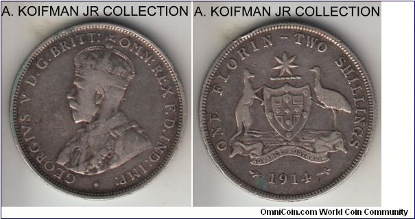 KM-27, 1914 Australia florin, Royal Mint (no mint mark); silver, reeded edge; early George V, very good to fine, edge bump and an obverse pinprick.