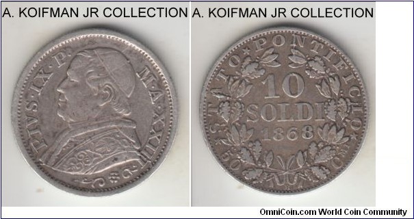 KM-1376, 1868 Papal States 10 soldi; silver, reeded edge; Pius IX, year XII, good very fine.