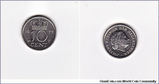 1977 Netherlands 10 Cents Coin - Juliana
Standard circulation coin 1950-1980
Nickel
Portrait of Queen Juliana facing right