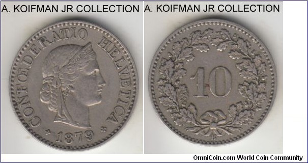 KM-26, 1879 Switzerland 5 rappen, Bern mint (B mint mark); copper-nickel, plain edge; first year of the current modern type, very fine or so.