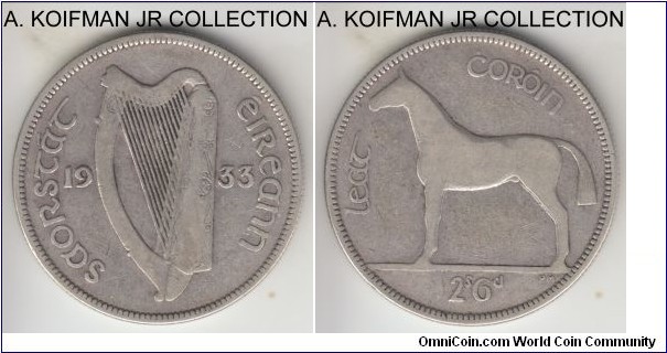 KM-8, 1933 Ireland (Republic) half crown; silver, reeded edge; very good or about.