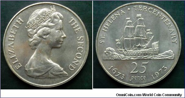 Saint Helena 25 pence.
1973, Tercentenary of restored British Rule.