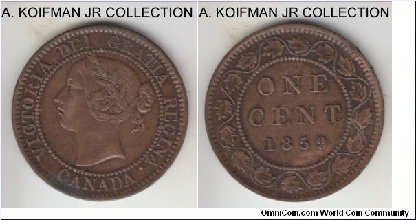 KM-1, 1859 Canada cent; bronze, plain edge; Victoria, early Confederation coinage, good very fine details, cleaned.