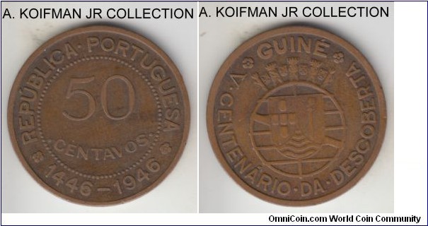 KM-6, 1946 Portuguese Guinea 50 centavos; bronze, plain edge; unusual commemorative circulation colonial issue, good fine and some staining.