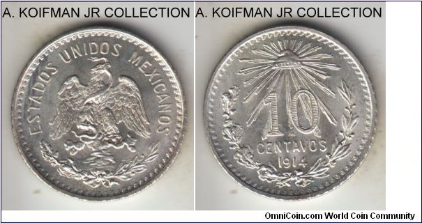KM-428, 1914 Mexico 10 centavos; silver, reeded edge; last year of the type, brilliant uncirculated.