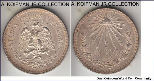 KM-455, 1938 Mexico peso, Mexico mint (M mint mark); silver, lettered edge; common, good extra fine.