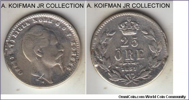 KM-684, 1857 Sweden 25 ore; silver, reeded edge; Oscar I, 7 over 6 variety, scarcer year but poor condition cleaned and some edge damage.