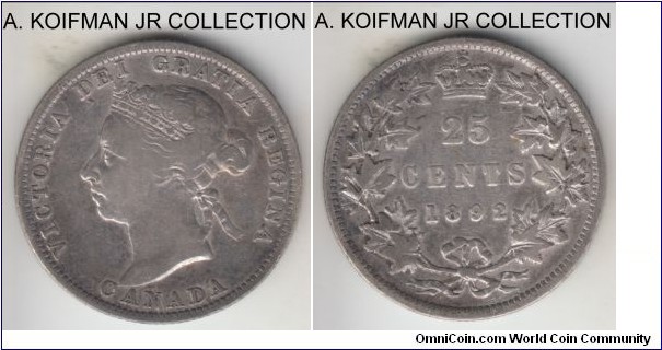 KM-5, 1892 Canada 25 cents; silver, reeded edge; late Victoria, fine or about.