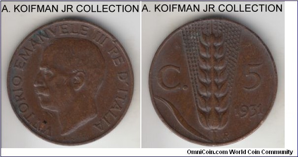 KM-59, 1931 Italy 5 centesimi, Rome mint (R mint mark); bronze, plain edge; Vittorio Emmanuele III, very fine or slightly better.