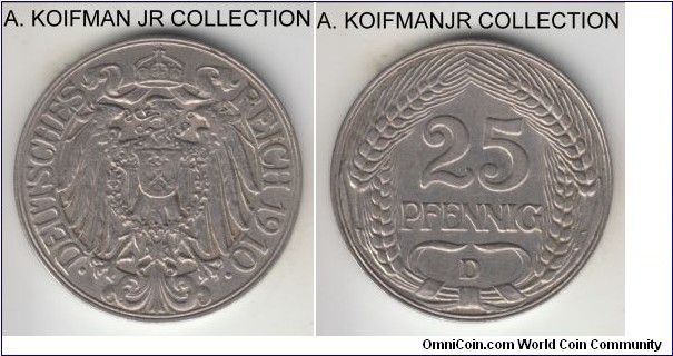 KM-18, 1910 Germany (Empire) 25 pfennig, Munich mint (D mint mark); nickel, plain edge; short type, extra fine or about.