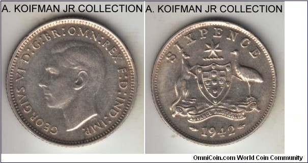 KM-38, 1942 Australia 6 pence, Melbourne mint (no mintmark); silver, reeded edge; George VI, decent circulated, extra fine or about for the type's design.