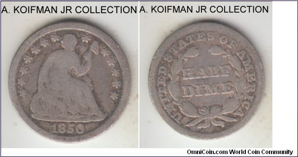 KM-62.2, 1850 United States of America half dime (5 cents), Philadelphia mint (no mint mark); silver, reeded edge; Seated Liberty half dime was unusual denomination minted during early USA history, very good to fine or about.