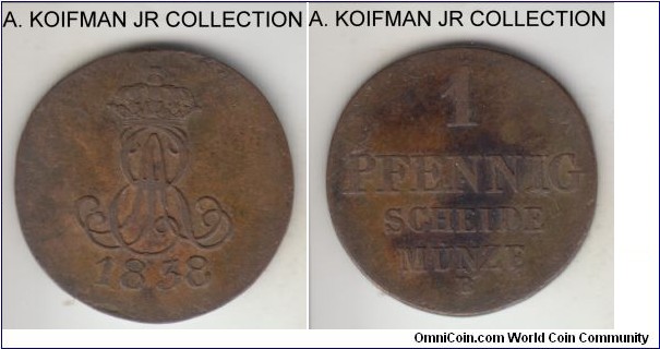 KM-173.2, 1838 German State Hannover pfennig, Hannover mint (B mint mark); copper, plain edge; Ernst August, 1 year type, decent grade, very fine or about, reverse is stained.