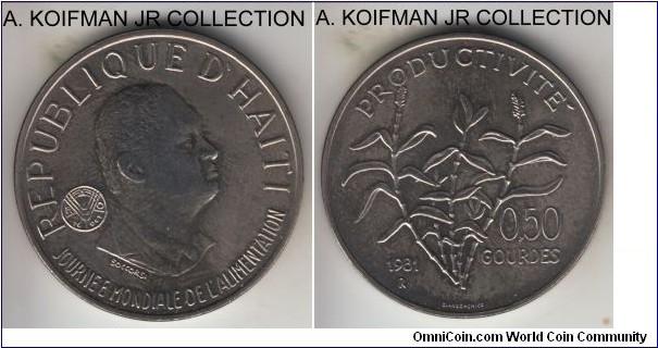 KM-148, 1981 Haiti 50 centavos (0.5 gourdes, Rome mint (R mint mark); copper-nickel, plain edge; FAO non-circulation commemorative issue, mintage 15,000, average uncirculated.