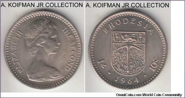 KM-2, 1964 Rhodesia 10 cents (shilling); copper-nickel, reeded edge; Elizabeth II, transitional coinage, one year type, nice uncirculated.