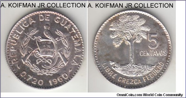 KM-261, 1960 Guatemala 5 centavos; silver, reeded edge; common coin, but very pleasantly toned uncirculated specimen.