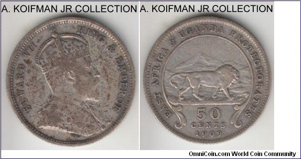 KM-4, 1909 East Africa & Uganda 50 cents, Royal mint (no mint mark); silver, reeded edge; scarce Edward VII issue, good fine, obverse is a bit mottled, mintage 100,000.