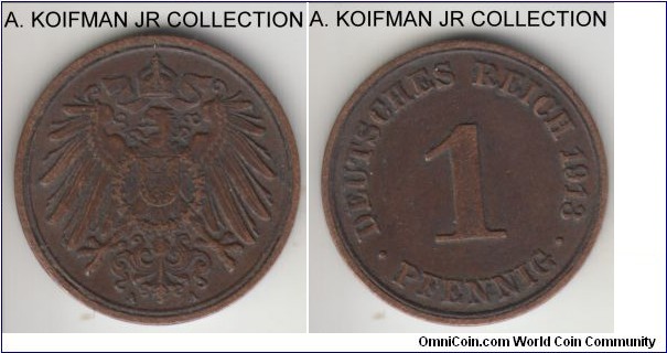 KM-10, 1913 Germany (Empire) pfennig, Berlin mint (A mint mark); copper, plain edge; Wilhelm I, common year, very fine or so.