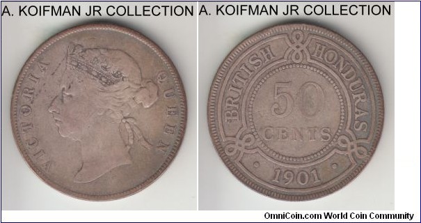 KM-10, 1901 British Honduras 50 cents; silver, reeded edge; last year of Victoria coinage, probably the scarcest coin of the period with tiny mintage of 10,000, nicely and naturally toned fine or almost.