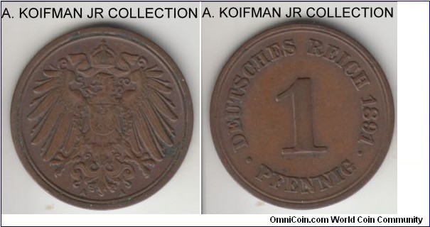KM-10, 1891 Germany pfennig, berlin mint (A mint mark); copper, plain edge; Wilhelm II, common mint for the year, decent good very fine grade.