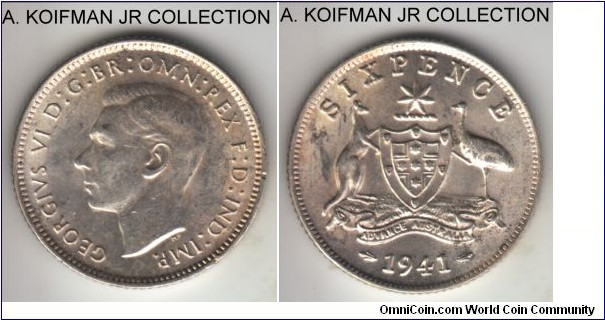 KM-38, 1941 Australia 6 pence, Melbourne mint (no mint mark); silver, reeded edge; earlier George VI  coinage, average uncirculated, few bag marks.
