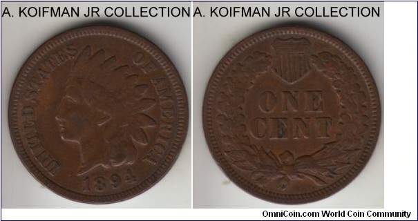 KM-90a, 1894 United States of America cent; bronze, plain edge; Indian cent, average circulated, fine or so.