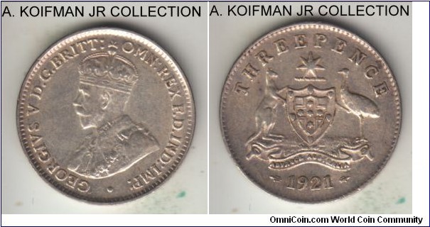 KM-24, 1921 Australia 3 pence, Melbourne mint (no mint mark); silver, plain edge; George V, scarcer variety of the year without a mint mark, good extra fine.