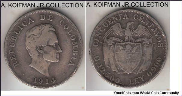 KM-193.1, 1914 Colombia 50 centavos, Birmingham (UK) or Bogota mint (closed 4); silver, reeded edge; well circulated, fine to about very fine details, edge issues.