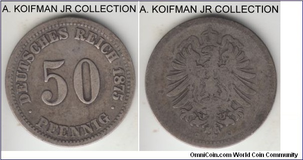 KM-6, 1875 Germany (Empire) 50 pfennig, Frankfurt mint (C mint mark); silver, reeded edge; Wilhelm I, early post-unification coinage, very good to about fine.
