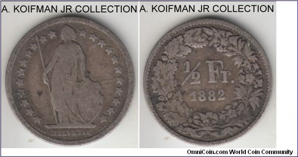 KM-23, 1882 Switzerland 1/2 franc, Bern mint (B mint mark); silver, reeded edge; early issue, very good.