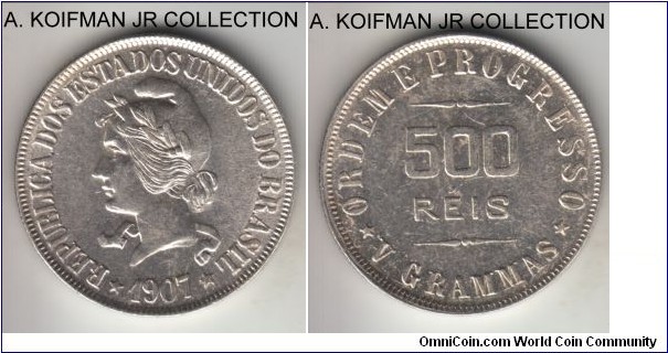 KM-506, 1907 Brazil 500 reis; silver, reeded edge; Liberty type, nice grade, maybe uncirculated or almost.