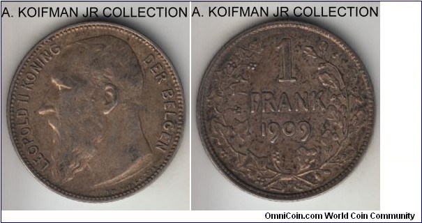 KM-57.2, 1909 Belgium franc; silver, reeded edge; Leopold II, DER BELGEN (Flemish) enscription without the perood in designer's name, good fine to very fine, hard to determine on these coins due to low relief design.