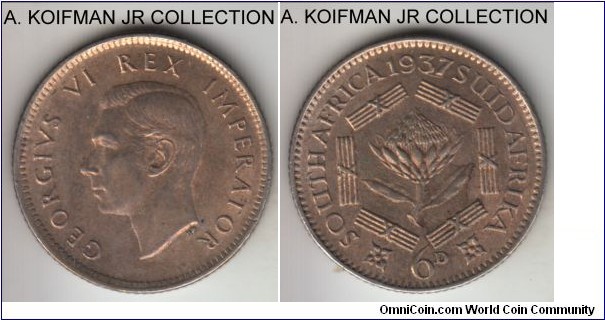 KM-27, 1937 South Africa (Dominion) 6 pence; silver, reeded edge; first year of George VI, toned extra fine or about.