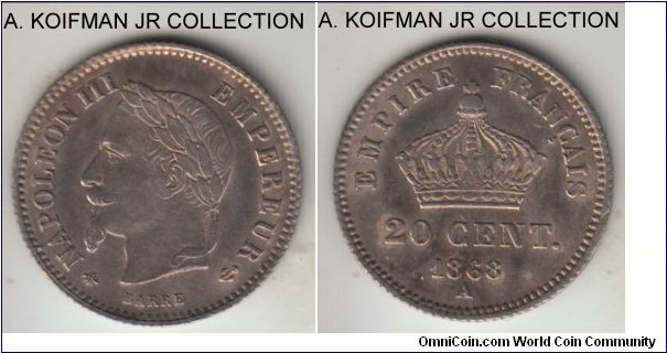 KM-808.1, 1868 France 20 centimes, Paris mint (A mintmark); silver, reeded edge; Napoleon III, scarce type/year combination, very fine or about.