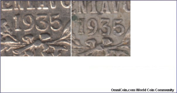 Left: Re-cut more slanted 5 in the date (CA35C). Right: Regular 5 in the date.