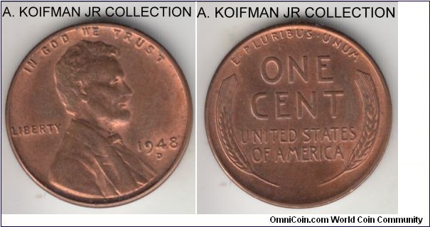 KM-A132, 1948 Unites States of America cent, Denver mint (D mint mark); bronze, plain edge; Lincoln wheat ears type, decent red brown uncirculated.