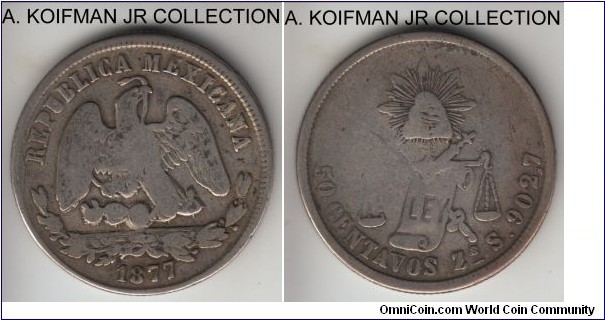KM-407.8, 1877 Mexico 50 centavos, Zacatecas mint (Zs mint mark); silver, reeded edge; Second Republic period, scarcer scales type from the less common mint but a relatively large mintage of 100,000, well circulated. 