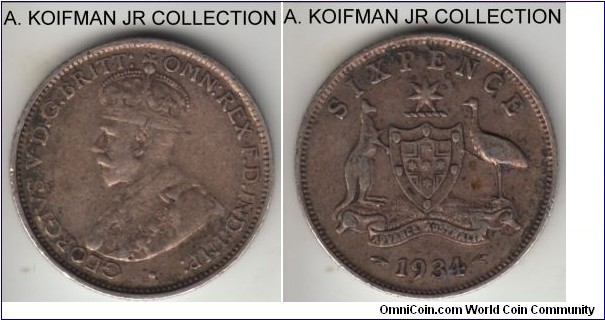 KM-25, 1934 Australia 6 pence, Melbourne mint (no mint mark); silver, reeded edge; late George V, decent circulated, about very fine.