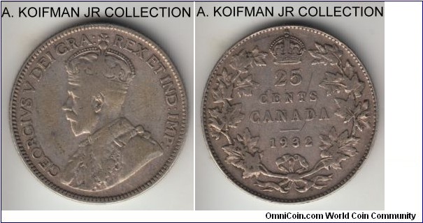 KM-24a, 1932 Canada 25 cents; silver, reeded edge; late George V, well circulated, very good or about.
