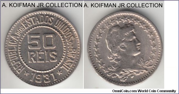 KM-517, 1931 Brazil 50 reis; copper-nickel, plain edge; scarce year of the type, mintage just 20,000, previous owner and visually the coin is uncirculated but strukc by worn dies, which is also proven by the die break on obverse.