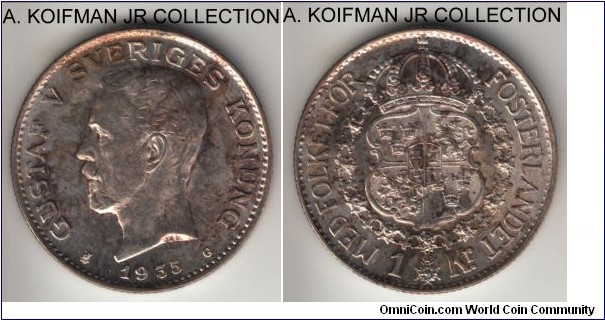 KM-786.2, 1935 Sweden krona; silver, reeded edge; Gustaf V, uncirculated with mottled toning.