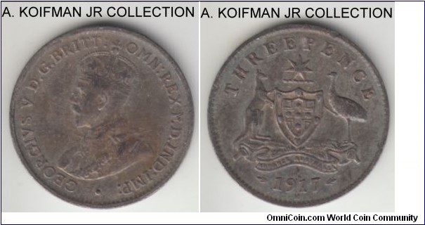 KM-24, 1917 Australia 3 pence, Melbourne mint (M mint mark); silver, plain edge; George V, obverse is good fine, reverse is better, dark toned.