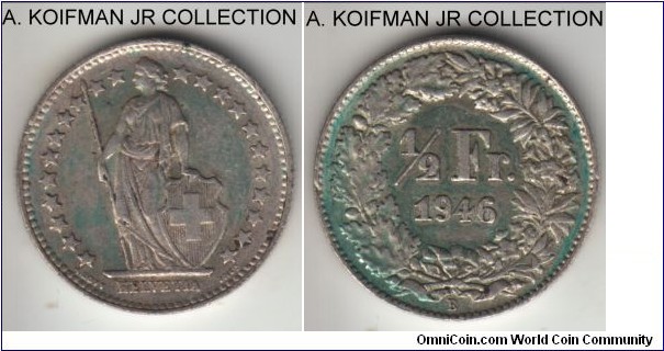KM-23, 1946 Switzerland 1/2 franc, Berne mint (B mint mark); silver, reeded edge; rgular - coin - alignment, better circulated coin, extra fine or about.
